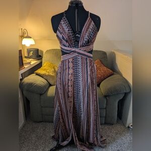 SHEIN Rust, Cream & Black Boho Wrap Maxi Dress